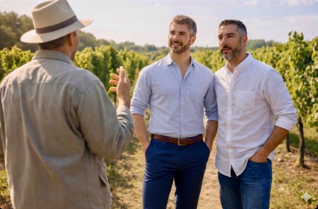 Yohan et Michaël Murena avec un vigneron